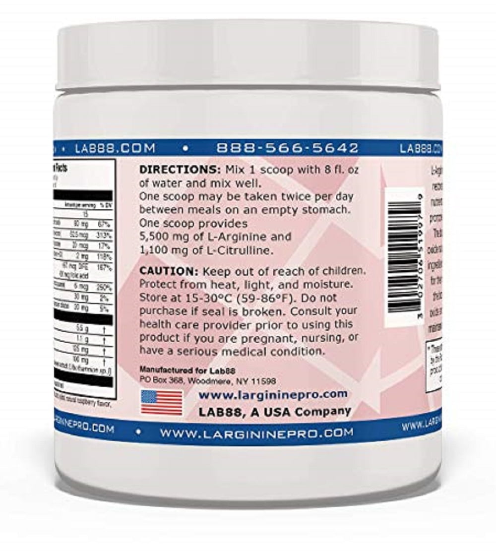 L-ARGININE PRO Powder Jars - 5500mg L-Arginine, 1100mg L-Citrulline Cardio Health (Raspberry, 1 Jar)