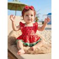 thumbnail image 4 of Cenuakty  Girl  Watermelon Print Fly Sleeve Romper with Bowknot Hairband Summer Clothes, 4 of 9