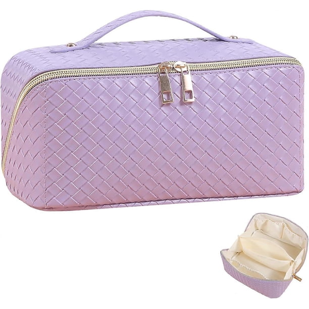 Large Cosmetic Bag PU Leather Makeup Bag Storage Makeup Bag For Women Girls 2 Layer Travel Toiletry Bag With Handle Divider Large Opening Metal Zipper