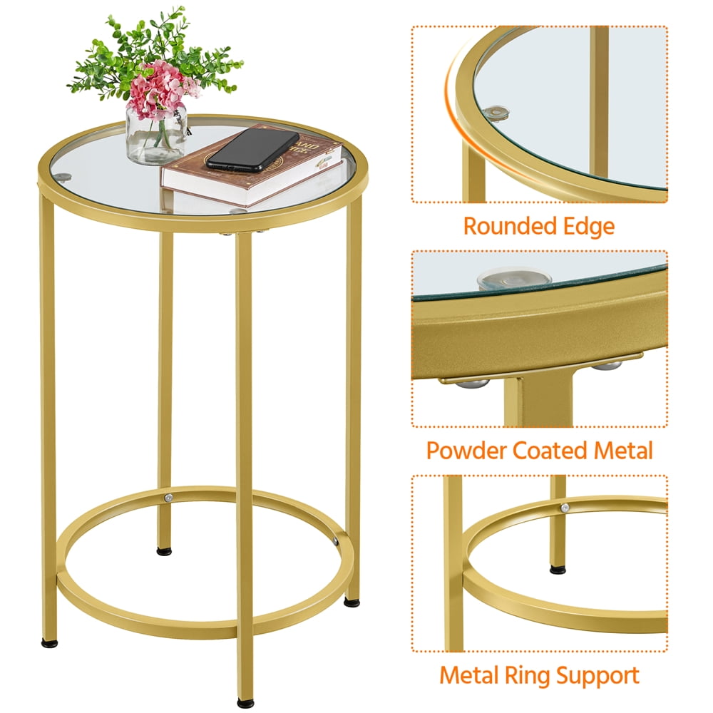 Alden Design Round Metal End Table with Glass Top for Livingroom, Gold