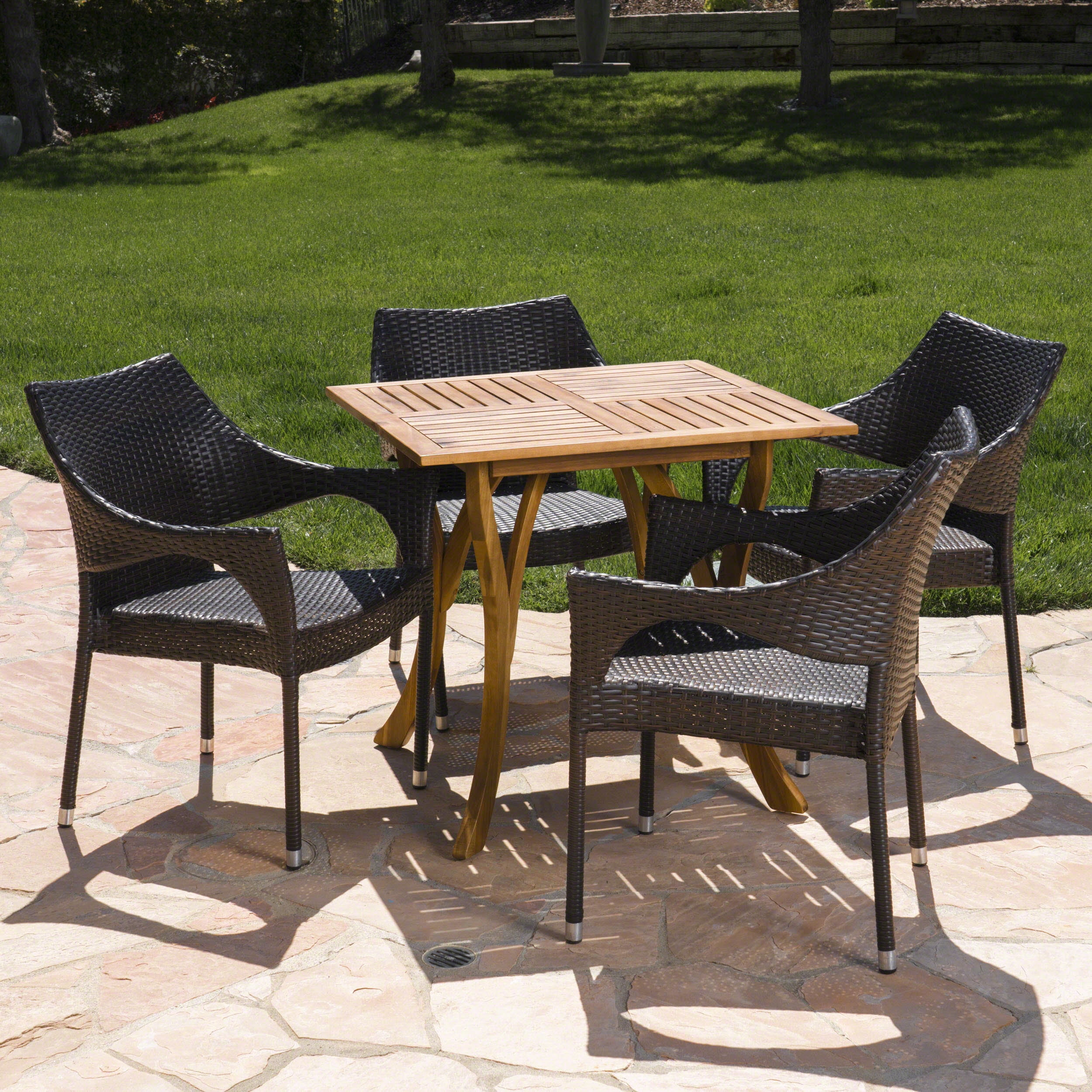 Outdoor 5 Piece Acacia Wood/ Wicker Dining Set, Teak,Multibrown