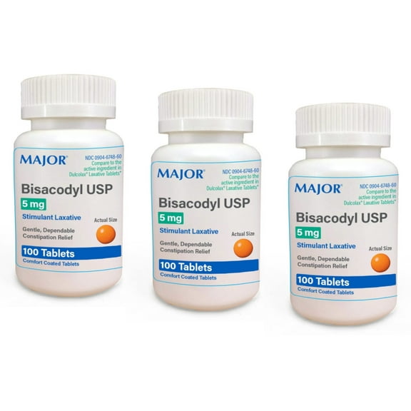Major Bisacodyl Stimulant Laxative, for Occasional Constipation, 5 mg, 100 Tabs (Pack of 3)