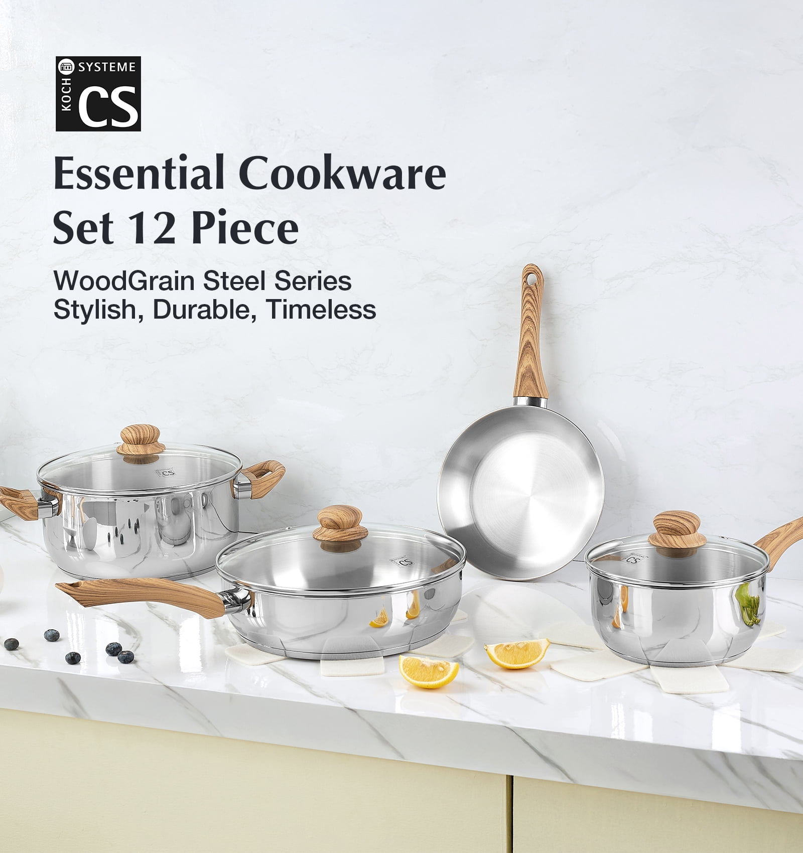 Koch Systeme CS 12 Piece Tri-Ply Stainless Steel Cookware Set, Pots and Pans Set with Cool-Touch Bakelite Handles, Induction Compatible