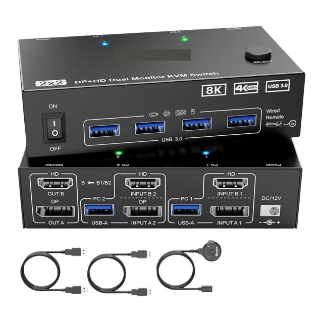 4K@144Hz KVM Switch 2 Monitors 2 Computers 8K@60Hz,KCEVE And Displayport Dual Monitor KVM Switch With 4 USB 3.0 Port