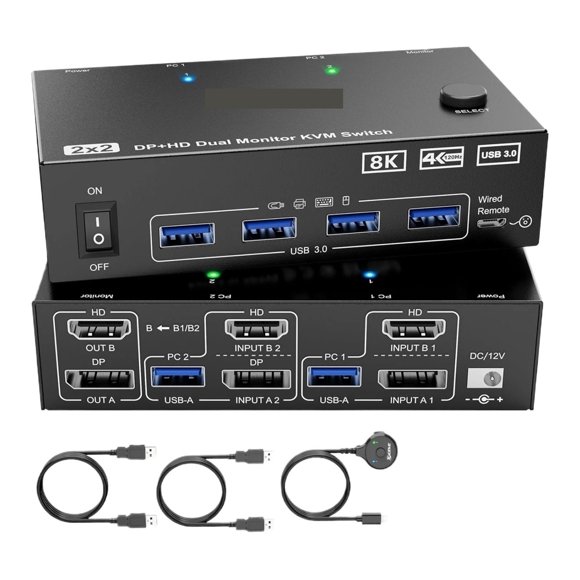 4K@144Hz KVM Switch 2 Monitors 2 Computers 8K@60Hz,KCEVE And Displayport Dual Monitor KVM Switch With 4 USB 3.0 Port