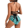 thumbnail image 6 of Seyurigaoka Women Summer 3Pcs Bikini Swimsuit Set , Halter Cross Wrap Swim Tops + Floral Leaf Print Panty + Cover-up Cardigan, 6 of 7