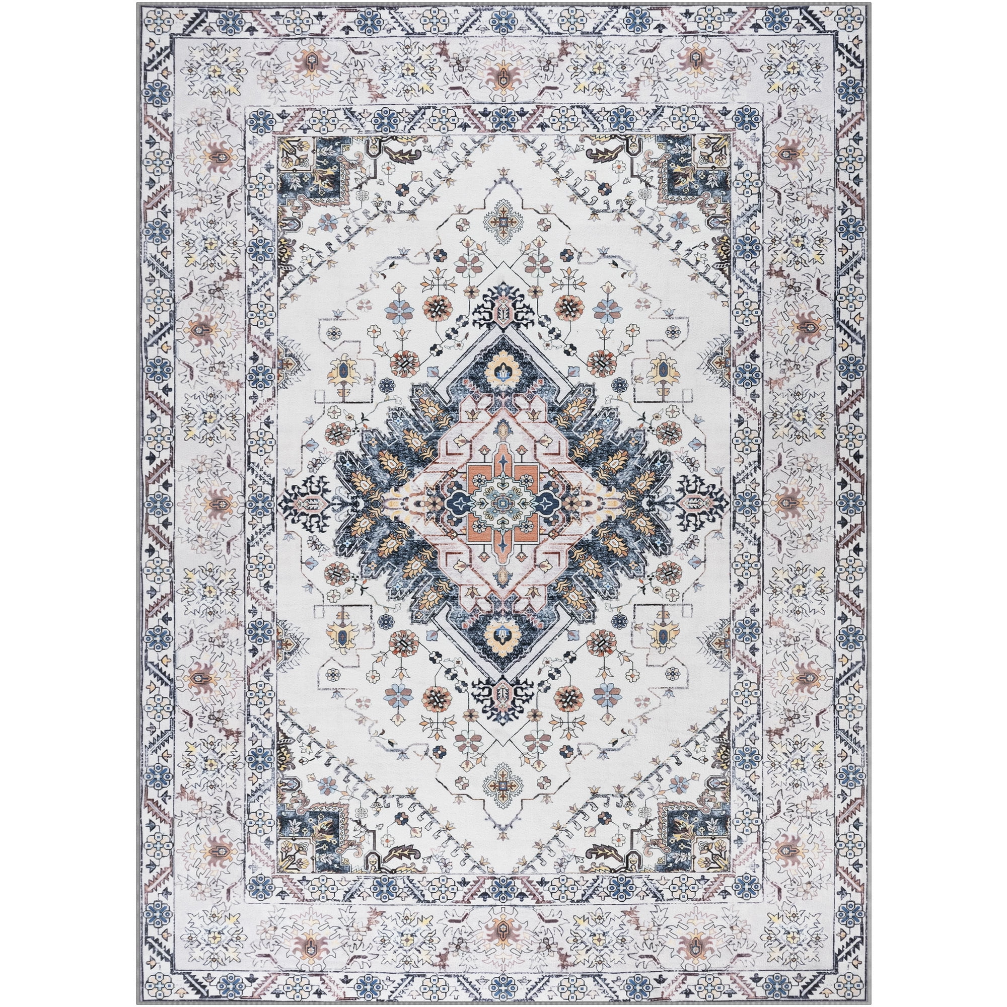 Wondo 5x8 Beige Area Rug - Machine Washable Non-Slip Rubber Backing, Low Pile Vintage Carpet for Living Room Bedroom Kitchen Dining Office