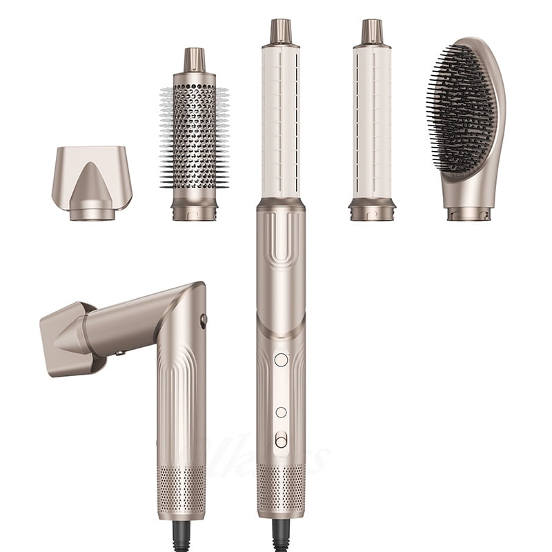 Foldable 5-in-1 Hot Air Styling System, Professional Hair Dryer Brush Kit with Airflow Curler, Smoothing & Volumizing Attachments, Ionic Technology for Travel, Champagne Gold