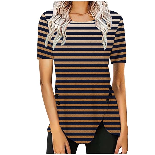 Blusas de Manga Corta para las Mujeres, Botón Impreso Casual Abajo Cuello Redondo Superior, Tela de Imitación Ligera