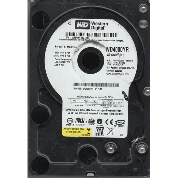 WD4000YR-01PLB0, DCM HCACAJCA, Western Digital 400GB SATA 3.5 Hard Drive
