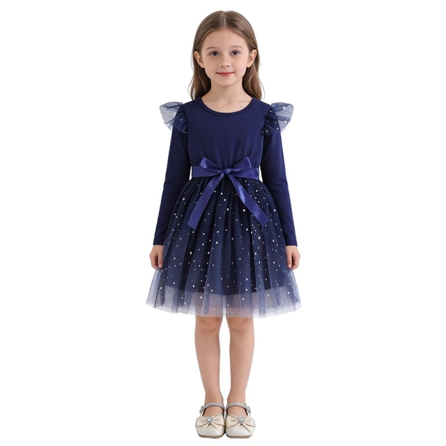 GPOECD Robes Filles Manches Longues Dégradé Étoile Maille Robe de Fête Automne Mode Tenue d'Occasion Formelle Âge 1-8a Robe Scintillante Bleu,90