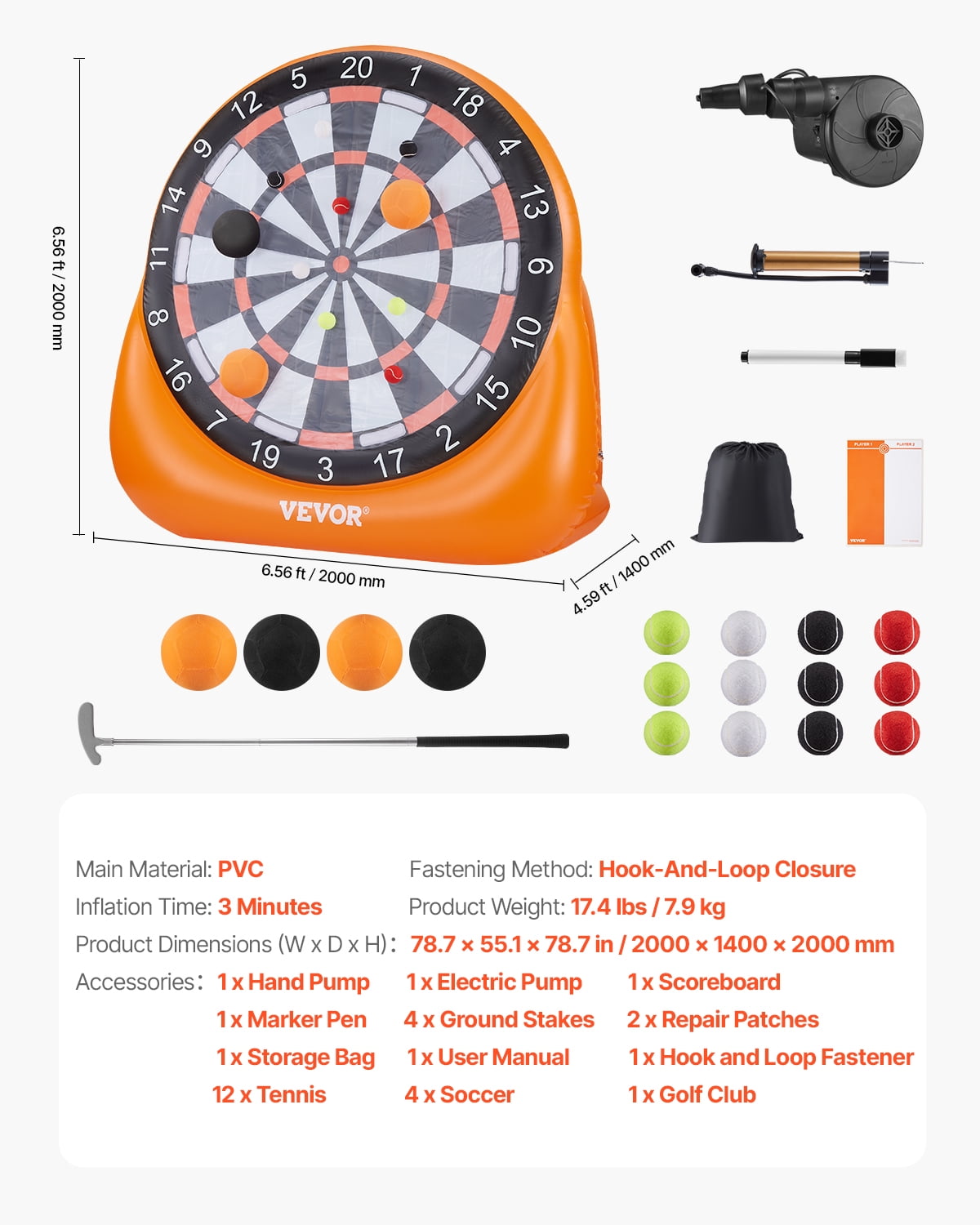 VEVOR Inflatable Soccer Dart Board,over 6 ft High Giant Soccer Dart Board with 4 Kick Balls,12 Tennis and Air Pump, 3-Min Setup,Ideal for Giant Yard Games, Giant Kick Darts Game, Backyard Golf Game