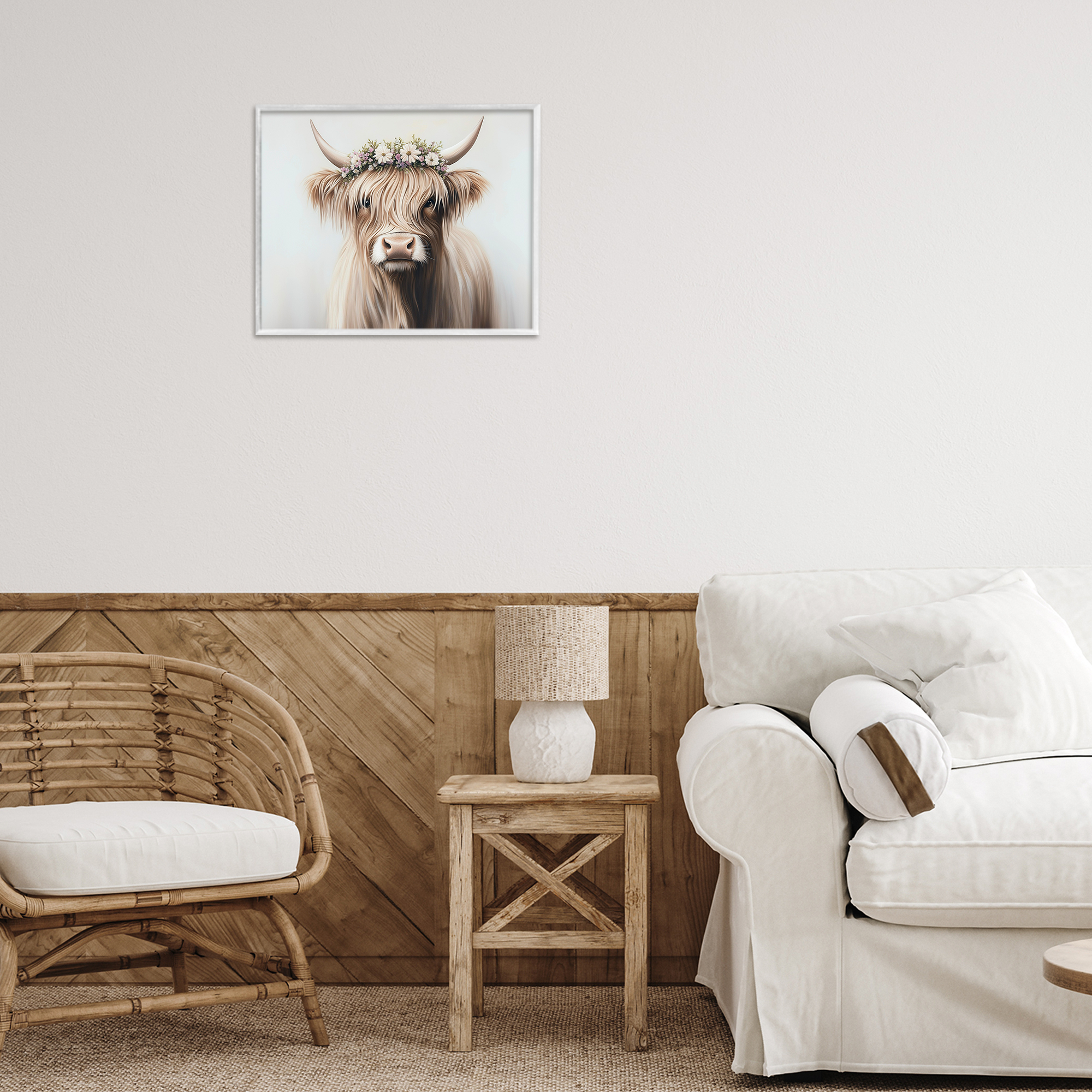 Shaggy Cattle Floral Crown White Framed Giclee Art, design by Shawna Stewart
