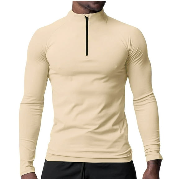 VSSSJ Men's Athletic T-Shirt Quarter Zip Long Sleeve Pullover Shirts 1/4 Zip Up Stand Collar Fishing Running Golf Athletic Outdoor T-Shirts Beige L