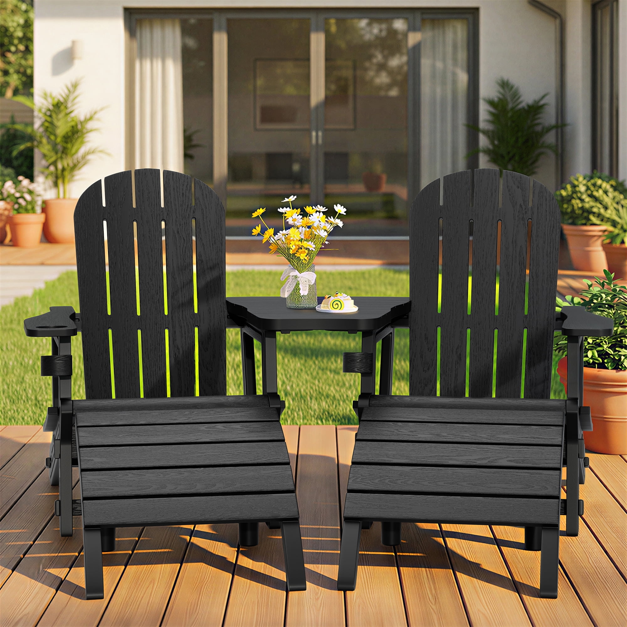 Walsunny Adirondack Chairs Set of 2 HDPE Outdoor Chair Set with Connecting Tray Cup Holder Removable Tabletop Pull-Out Footrest,All-Weather HDPE Outdoor Chair Set,Black