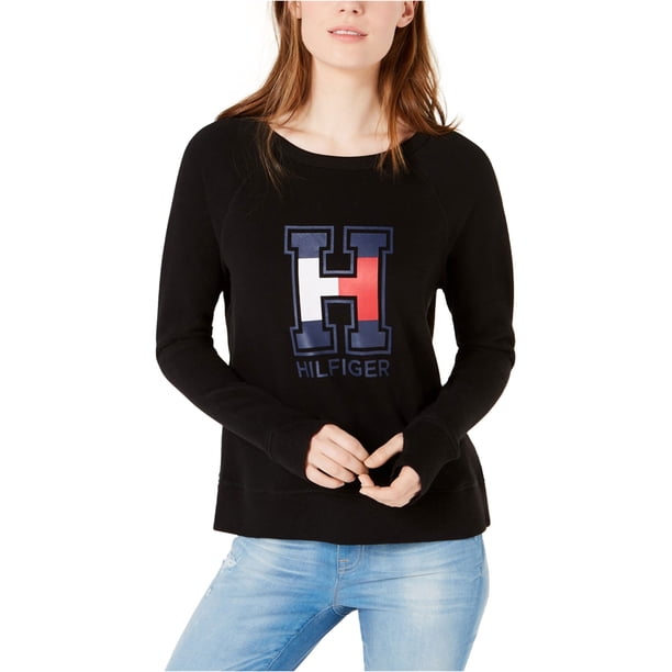 Tommy Hilfiger Sudadera con orificio para el pulgar para mujer, negro, XS Tommy Hilfiger Camisa de entrenamiento