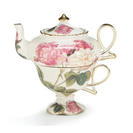 Gold Porcelain Teapot Elegant Romantic Rose Victorian Porcelain Teapot And Teacup Duo Beautiful Gift Item, Elegant Victorian porcelain teapot and teacup for one trimmed in gold By Romantic Rose Collection ()