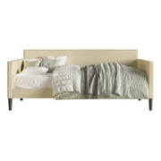 Home Design Sutton Twin Daybed with Upholstered Frame, Square Arms, Nailhead Trim, Comfortable Polyester Fabric, Stylish Seating and Sleeping Solution, Beige