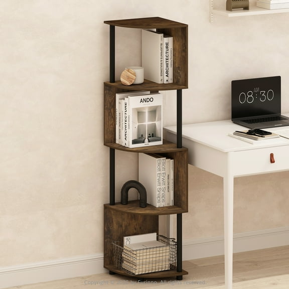 Furinno Basic 4-Tier Zigzag Corner Multipurpose Standing Shelf, Amber Pine/Black