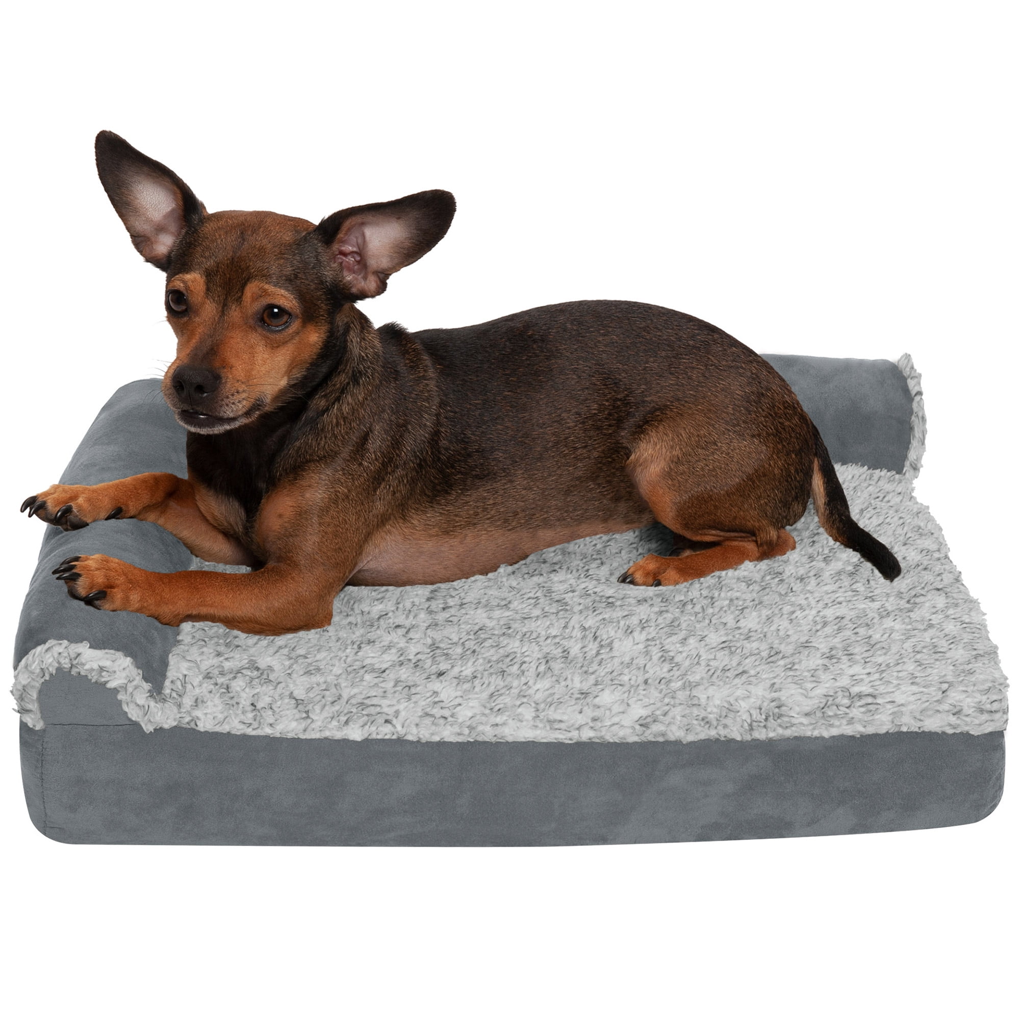 FurHaven Pet Dog Bed Deluxe Orthopedic Faux Fur & Suede LShaped
