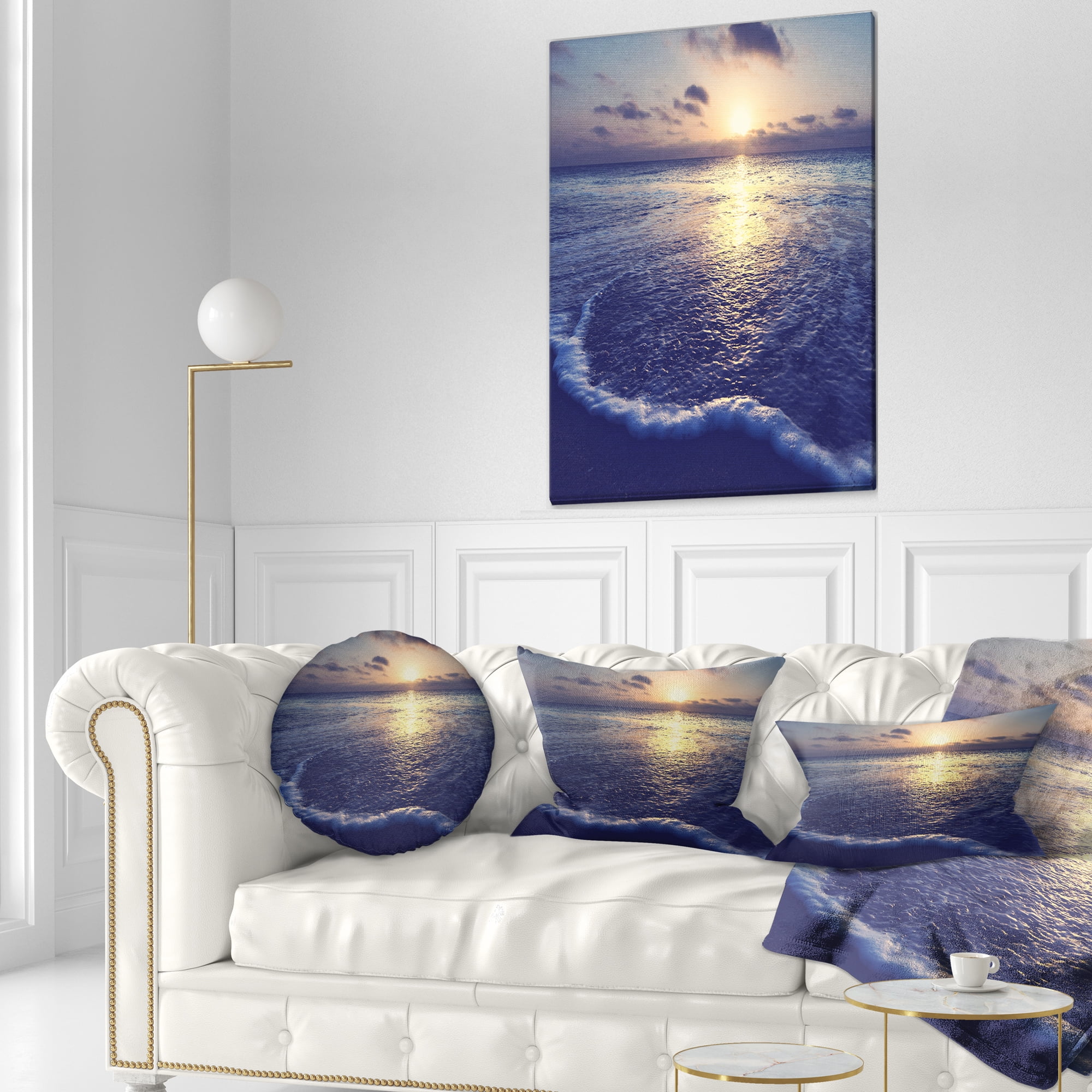 Designart Tranquil Blue Beach At Sunset - Seascape Throw Pillow - 12x20