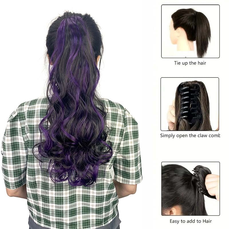 Synthetic 20Inch Long Curly Ponytail Claw Clip in Hair Extension Mixed Red Purple Hairpiece for Women