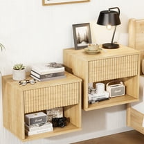 Zimtown Fluted Floating Nightstand Set of 2, End Table Wooden Bedside Table Large Capacity Easy to Assemble, Oak