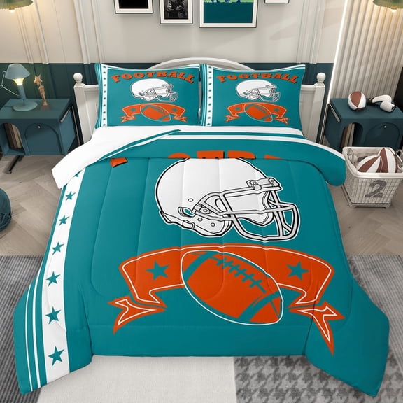 Castle Fairy Sport Rugby Football Bedding Comforter Set 2pcs for Female Men Adults,Ball Gamer Twin Comforter Sets Microfiber,Teal Orange Breathable Bedding Set,Ultra Soft Home Decor