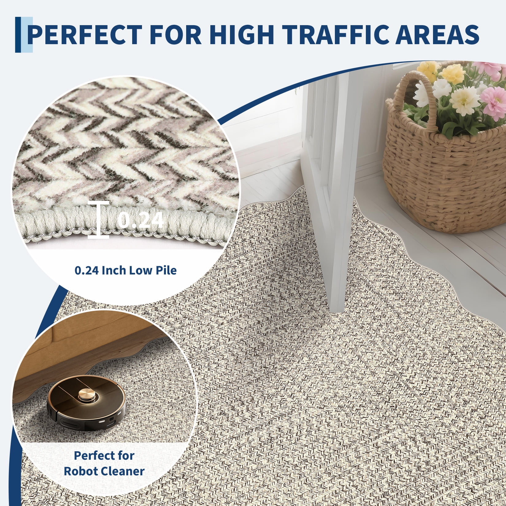 Garvee 10'x13' Scalloped Rug Farmhouse Braided Print Carpet, Washable Rug Soft Non Slip Low Pile Rug Indoor Neutral Carpet for Living Room Bedroom Dining Room, Beige Gray
