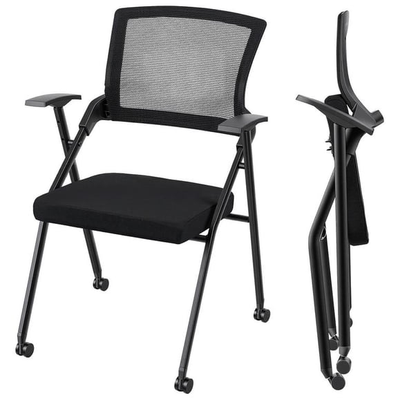 Foldable Office Chair with PU Wheel, Armrest, Ergonomic Mesh Back, Stackable Conference Room Chair, Folding Office Chair for Office Guest & Reception & Meeting 300lbs (Black)