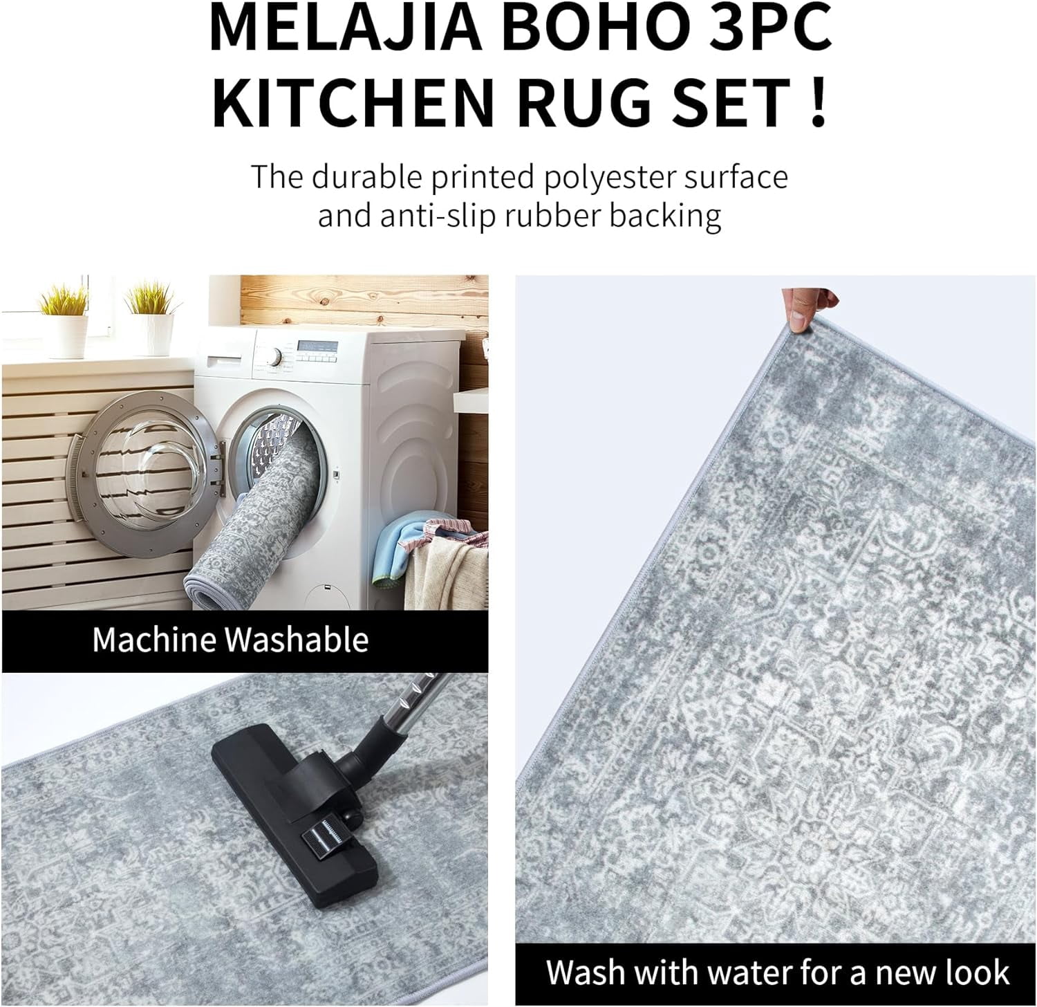 Kitchen Rugs Sets of 3 Non Slip Washable Kitchen Mats for Floor 3 Piece Set Grey Boho Kitchen Mat Set Kitchen Runner Rug Carpet for Laundry Room Front Door