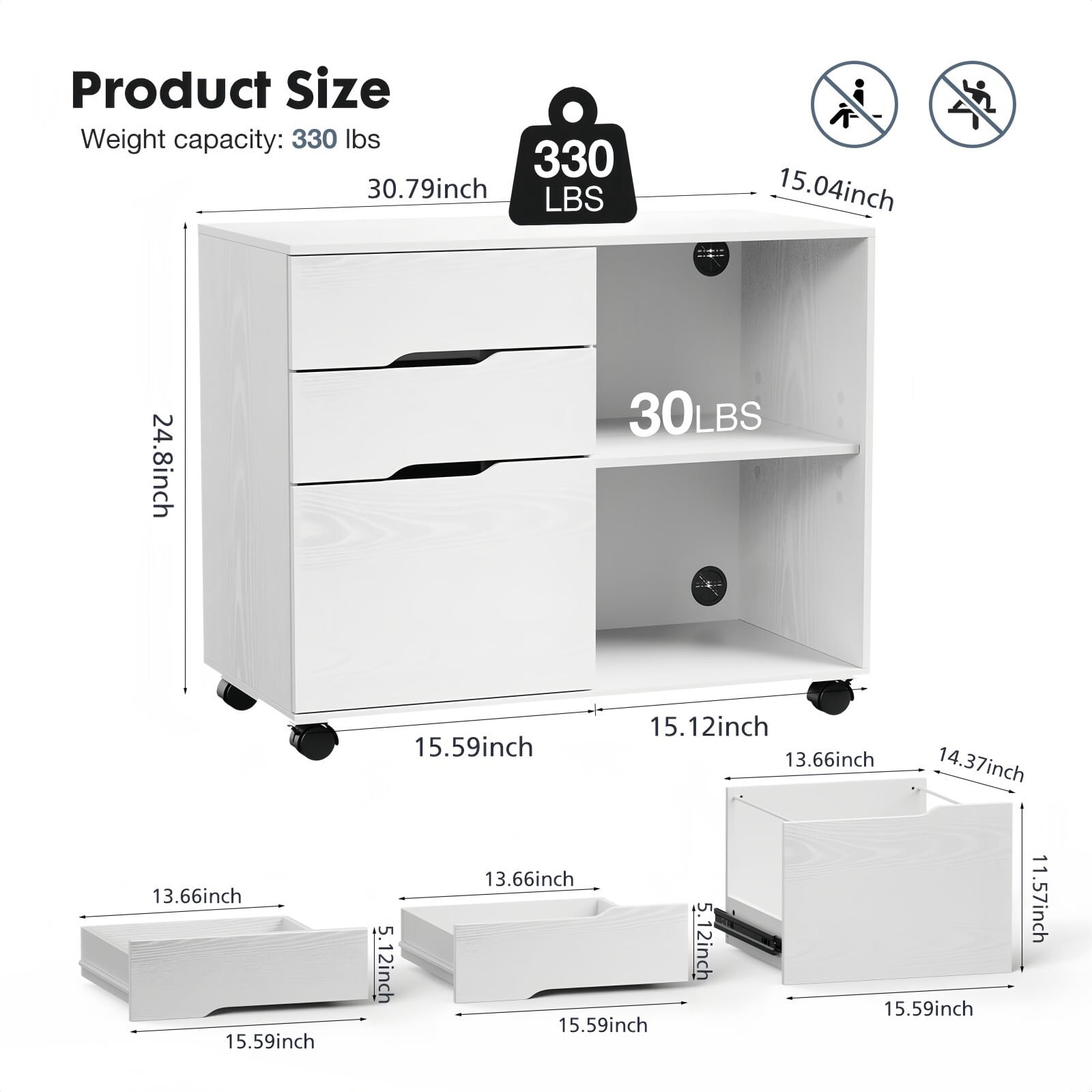 Kelno File Cabinet with 3 Drwaers Lockable Wheel Under Desk Printer Stand Lockable Casters Lateral Filing Cabinet, White