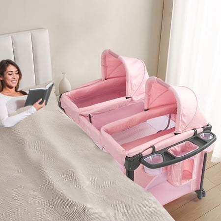 JOYMOR Twin Bassinet for Baby Double Bassinet for Twins Pink Bassinet for Girl Infant