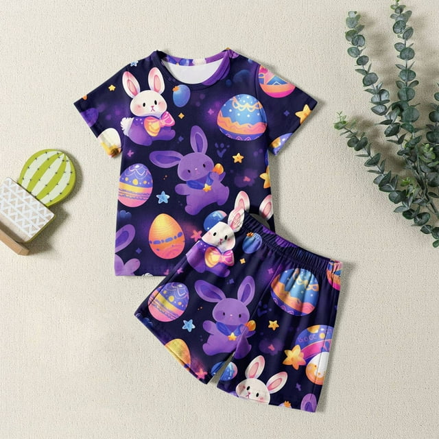 Ensemble de Pyjamas de Pâques pour Garçons, Imprimé Lapin de Pâques, Col Rond, T-Shirt à Manches Courtes et Shorts, Ensemble de Pyjamas pour Fillettes