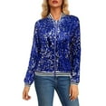 thumbnail image 3 of Womens Sparkle Baseball Jacket Sequin Shimmer Jacket Coat Long Sleeve Glitter Shiny Baseball Jacket Outerwear Blue S, 3 of 8