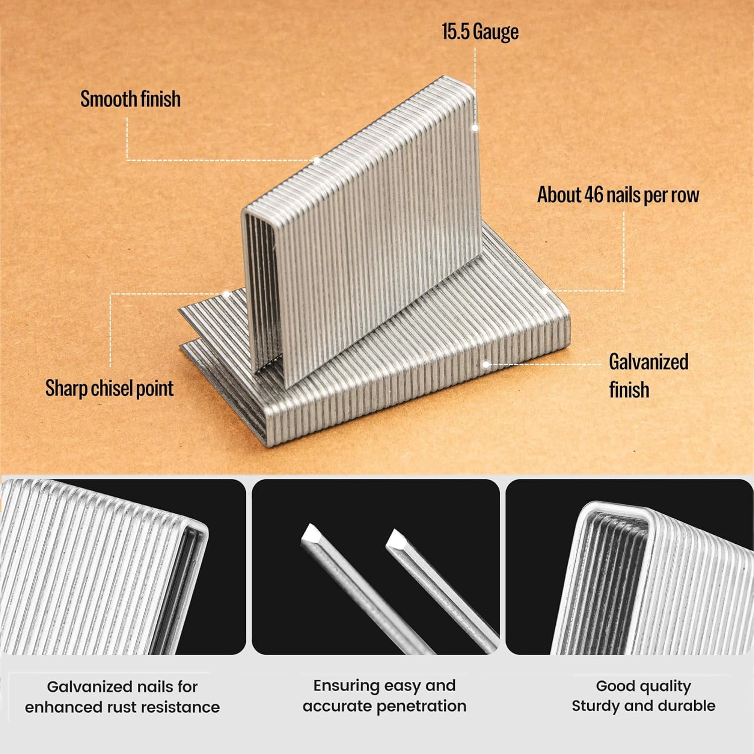 5,014 PCS MEITE 15.5 Gauge Flooring Staples, 2-Inch Length, Hardwood Type 1/2-Inch Crown Galvanized Staples