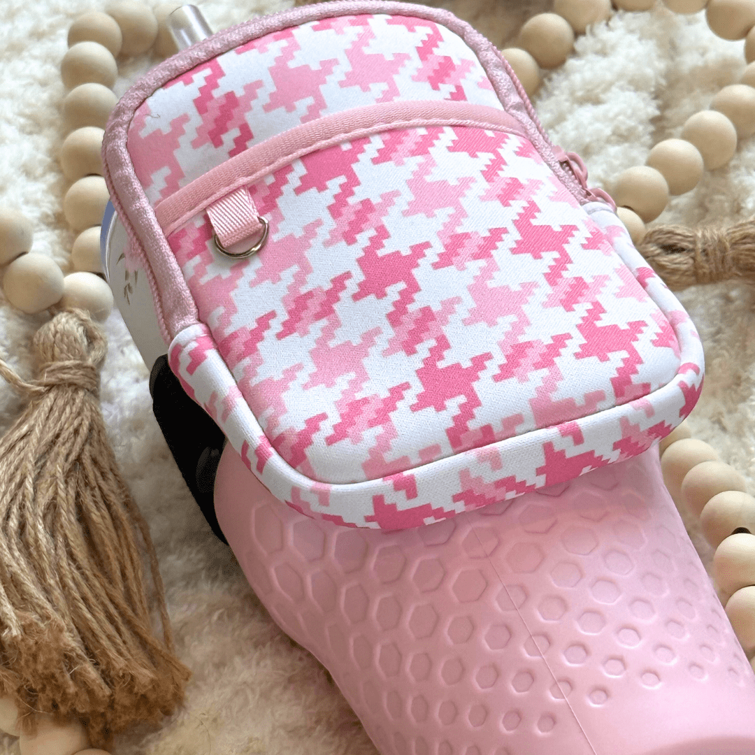 Biddlebee Water Bottle & Tumbler Bag Pouch Drinkware Accessory, Pink Check