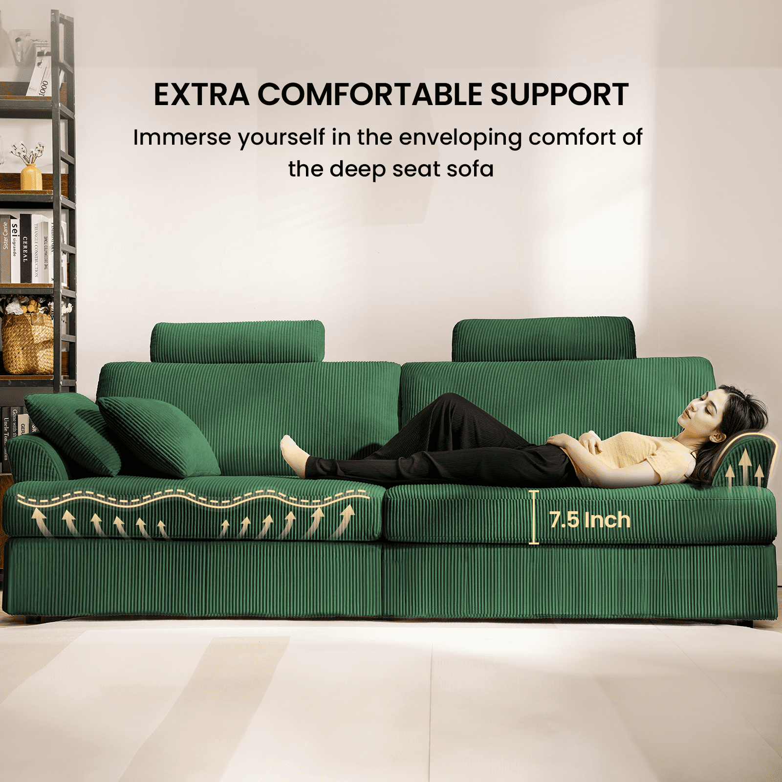 87" Cloud Comfy Sofa Couch with Deep Seat and Thick Cushion, Corduroy Upholstered Fabric Soft for Living Room Office, Green (Includes Headrest)