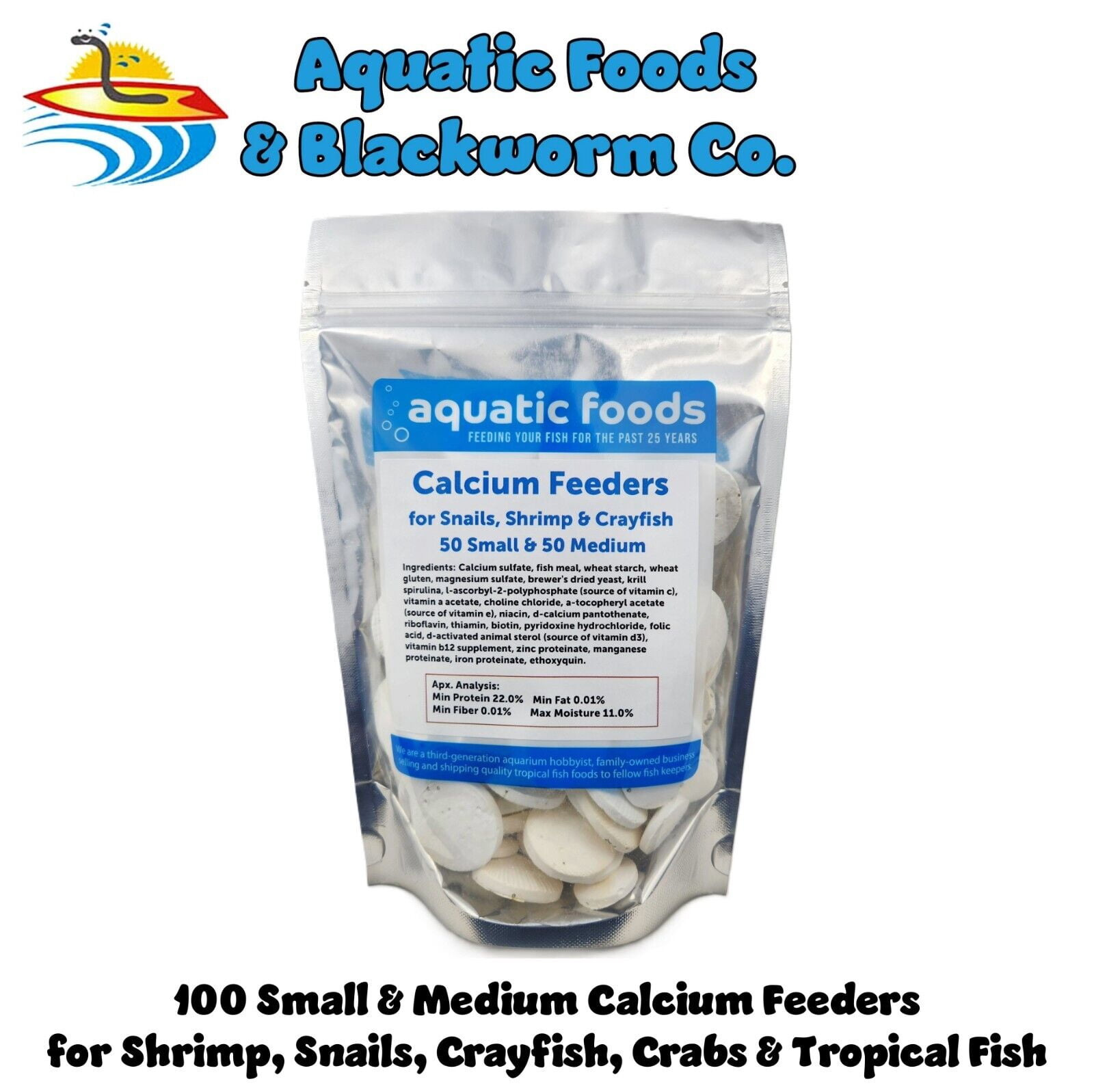 Aquatic Foods Inc. Small & Medium Calcium Feeder Disks for Shrimp, Snails, Crabs, Crayfish, Hermit Crabs and All Tropical Fish…100 Count Bag of Small & Medium