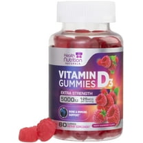 Vitamin D3 Gummies 5000 IU (125 mcg) - 3X Strength Immune Support and Bone Support, Vitamin D Gummy Dietary Supplement, Nature's Berry D Vitamin Supplement, Raspberry Flavored, Non-GMO - 60 Gummies