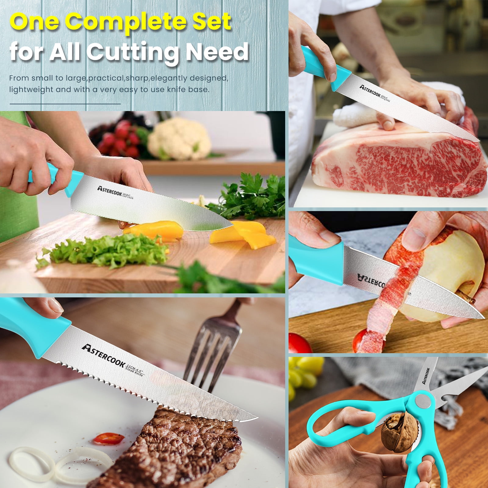 Astercook 15 Piece Kitchen Knife Set, High Carbon German Stainless Steel with Builtin Sharpener, Dis(图2)