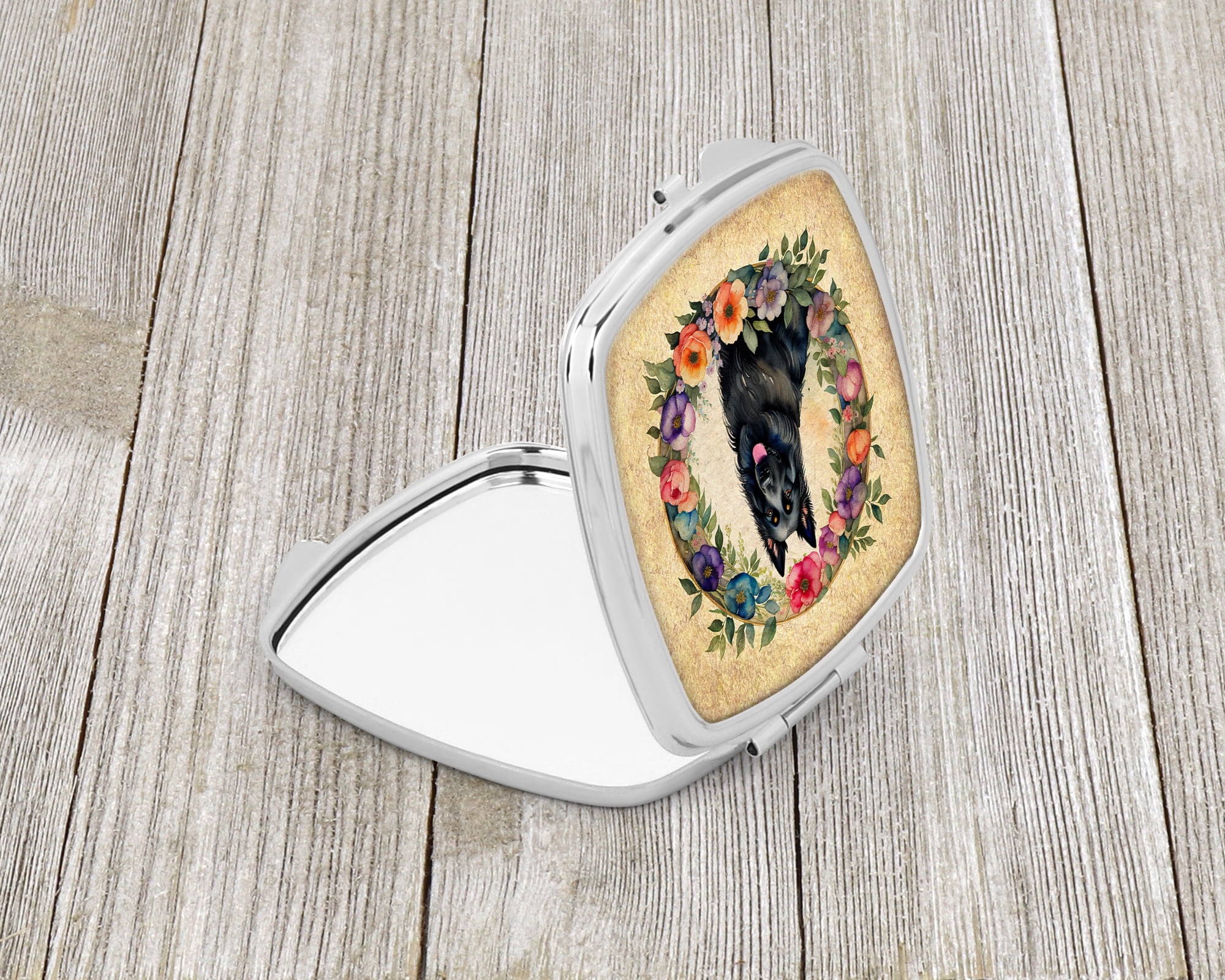 Belgian Sheepdog and Flowers Compact Mirror 2.75 in x 3 in