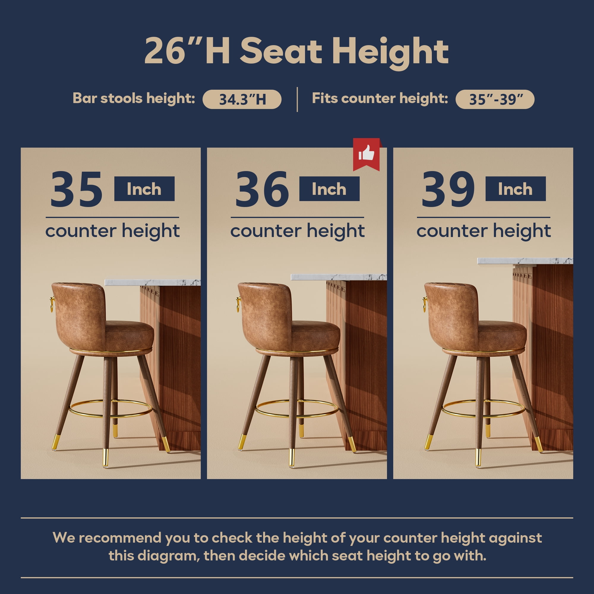 Genpo Counter Height Bar Stools, Round Seat Swivel Bar Stool Set of 4, 26 inch Low Back Leather Bar Chair with wood Leg for Kitchen Island 300lbs, Brown