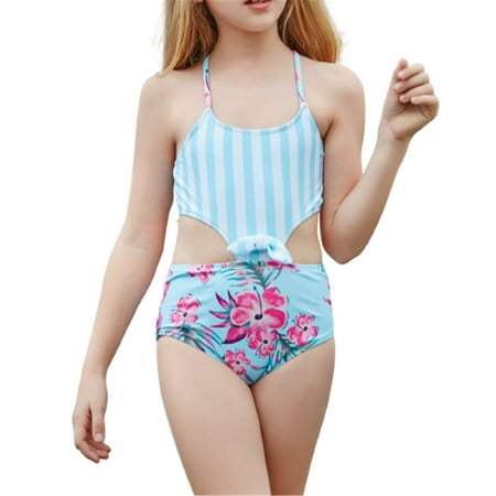 

nsendm Swim Practice Suit Girls Swimwear Casual Solid Bikini Cute Holiday Piece One Print Cow Swimsuit for Girls Light Blue 130