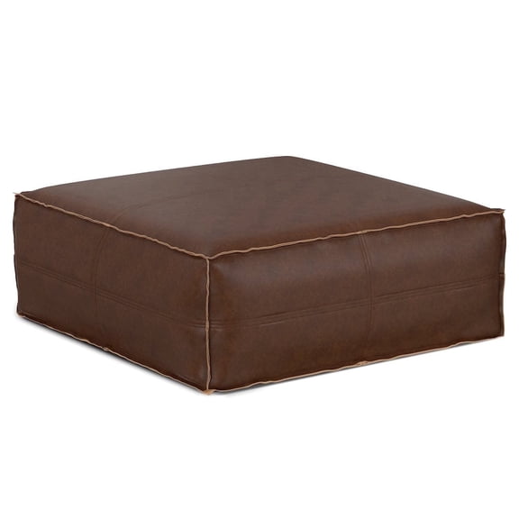 Simpli Home Simpli Home Brody Boho Square Pouf in Distressed Dark Brown Faux Leather