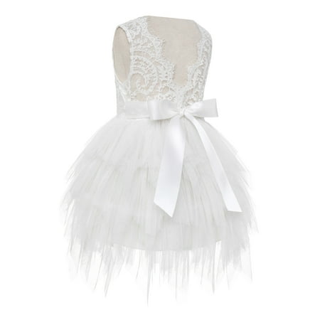 

Tiered Tulle Lace Back Junior Flower Girl Dress Holy Baptism Gown LG6