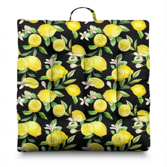 Flowers & Lemons Pillow - 22x22 Inch Square Floor Cushion, Dutch Velvet, Floral Citrus Design for Summer Home Decor