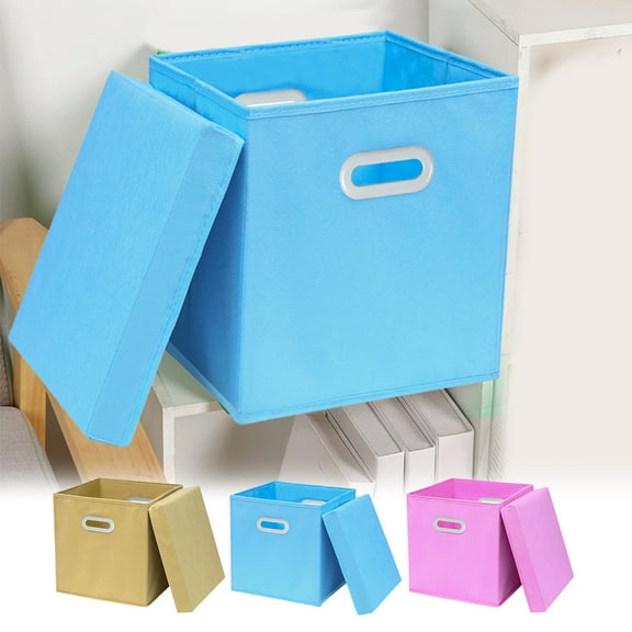 Fabric Storage Box | Foldable Cloth Drawer Organizer with Lid - Sturdy Breathable Cube Storage for Clothes, Toys, Accessories | 1 Pack | 28x28x28 cm | Blue Pink Khaki