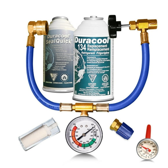 Kit de recharge et d'étanchéité mobile Duracool® 12a pour petits systèmes de climatisation mobiles R-134a. Contient du réfrigérant, SealQuick, un thermomètre de ventilation, un tuyau de charge avec ma Petit kit déjoints auto 134
