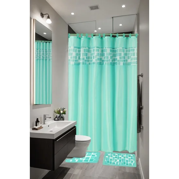 Gorgeous Home Linen 15pc Square Design Mosaic Aqua Blue Bathroom Set Banded Rubber Backing 2 Rug Bath Mats With Fabric Shower Curtain with Hooks